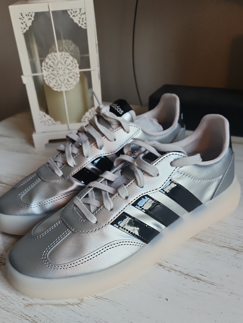 adidas Women's Baredda Decode J Silver Sneakers with Black Three-Stripes